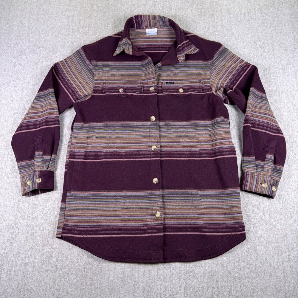 Columbia Button Down Shaket Women Medium Purple Striped Long Sleeve Pockets